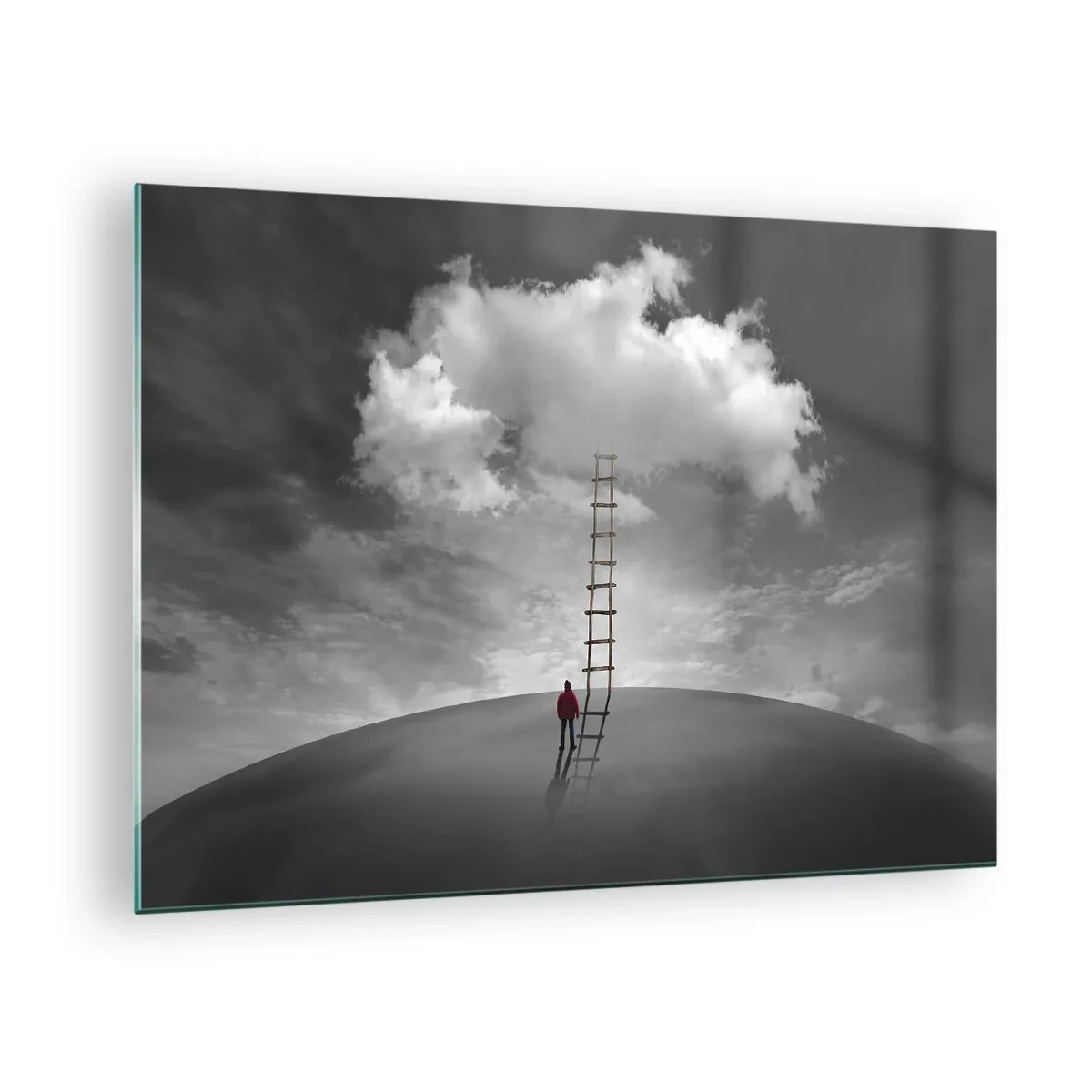 Cuadro sobre vidrio - Impresiones sobre Vidrio - Una persona mira una escalera que conduce a una nube. - 70x50cm - Todo es posible - Decoración de pared moderna para salón y dormitorio ARTTOR