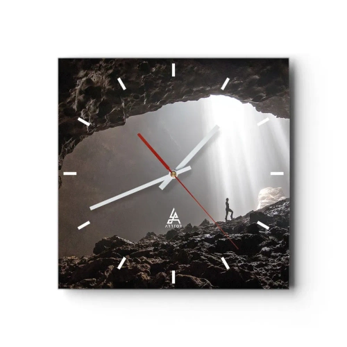 Reloj de pared - Reloj de vidrio - Una figura en una cueva iluminada por rayos de luz. - 30x30cm - Gruta luminosa - Decoración de pared moderna para salón y dormitorio ARTTOR