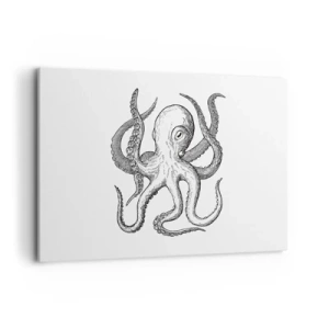 Cuadro sobre lienzo - Impresión de Imagen - Dibujo en blanco y negro de un pulpo sobre un fondo blanco en estilo vintage. - 100x70cm - Bailando con olas - Decoración de pared moderna para salón y dormitorio ARTTOR
