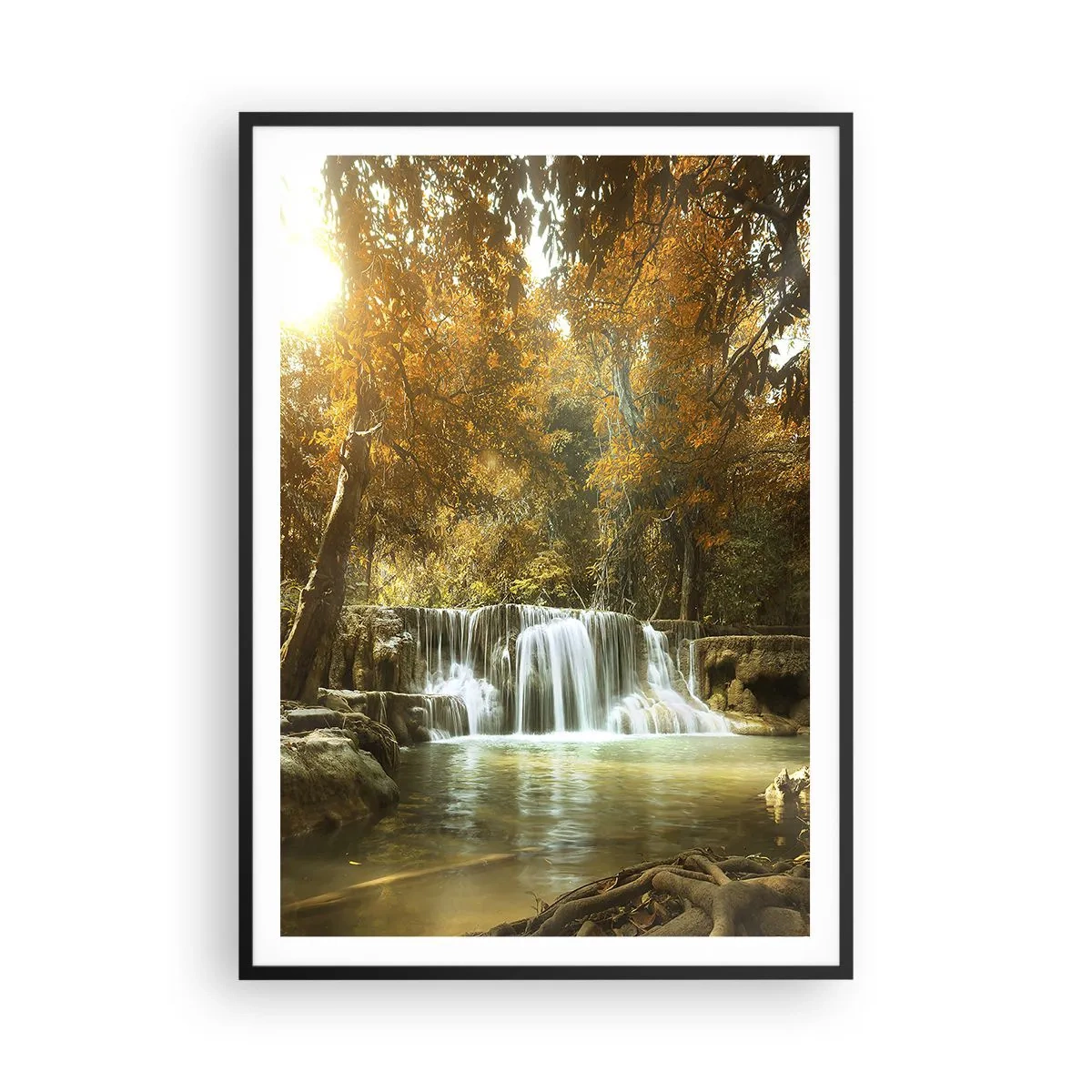 Póster en marco negro - Una cascada en el parque - 70x100 cm