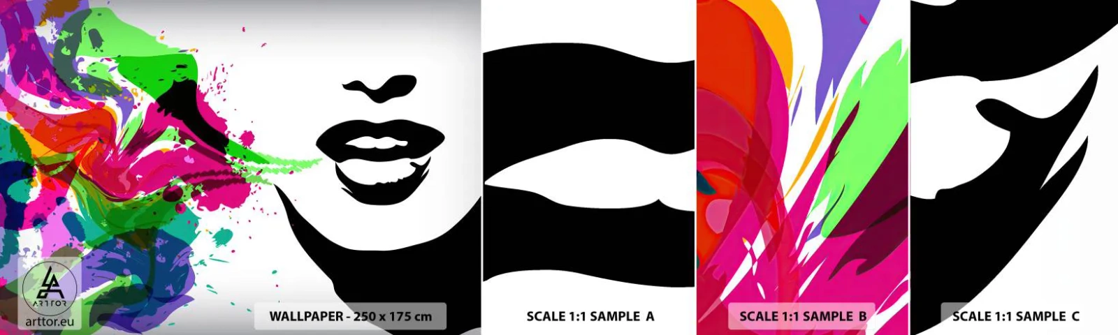 Muestra de fotomural autoadhesivo Deluxe Sticker - Una historia con los colores del arco iris - Abstracción, Boca, Gráficos coloridos - 100x30 cm