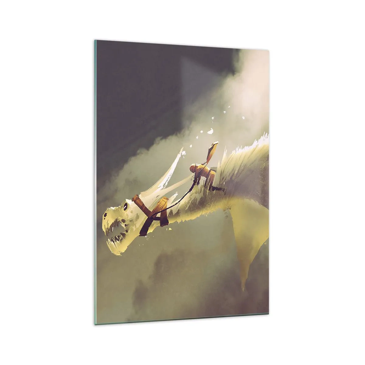 Cuadro sobre vidrio - Impresiones sobre Vidrio - Ilustración de un jinete de dragón en un paisaje de nubes de fantasía - 70x100cm - Al rescate - Decoración de pared moderna para salón y dormitorio ARTTOR