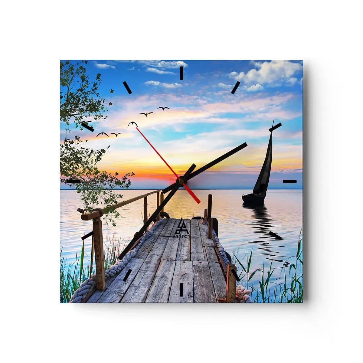 Reloj de pared - Reloj de vidrio - Muelle del lago con barco y puesta de sol - 30x30cm - Que llegue la noche - Decoración de pared moderna para salón y dormitorio ARTTOR