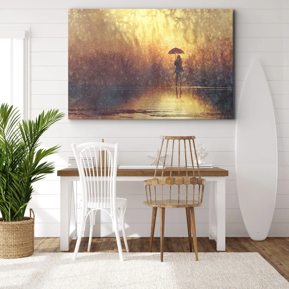 Cuadro sobre lienzo - Impresión de Imagen - Una figura con un paraguas en un paisaje brumoso lleno de reflejos. - 100x70cm - Siento que alguien me mira - Decoración de pared moderna para salón y dormitorio ARTTOR