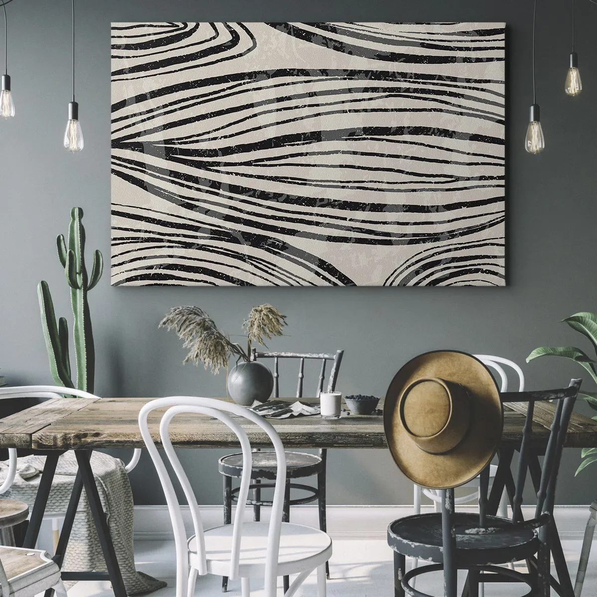 Cuadro sobre lienzo - Impresión de Imagen - Ondas abstractas en tonos blanco y negro - 120x80cm - Salpicadura de líneas - Decoración de pared moderna para salón y dormitorio ARTTOR