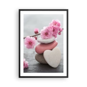 Póster en marco negro - Piedras en forma de corazón con flores de cerezo rosas. - 50x70cm - Felicidad con la flor del cerezo - Decoración de pared moderna para salón y dormitorio ARTTOR
