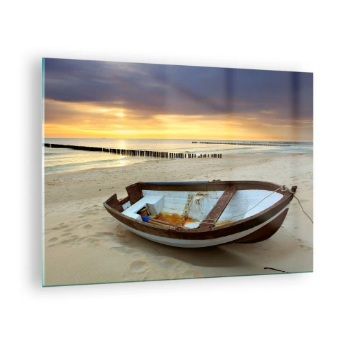 Cuadro sobre vidrio - Impresiones sobre Vidrio - Un barco en una playa de arena al amanecer. - 70x50cm - No hay playas más bonitas - Decoración de pared moderna para salón y dormitorio ARTTOR