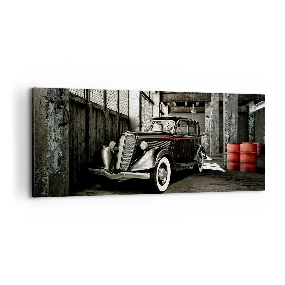 Cuadro sobre lienzo - Impresión de Imagen - Un elegante coche retro en un almacén rústico - 120x50cm - La elegancia perdurable de los años 30. - Decoración de pared moderna para salón y dormitorio ARTTOR