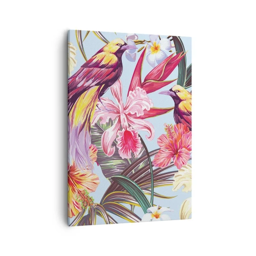 Cuadro sobre lienzo - Impresión de Imagen - Aves exóticas entre flores tropicales - 50x70cm - Pétalos y plumas - Decoración de pared moderna para salón y dormitorio ARTTOR