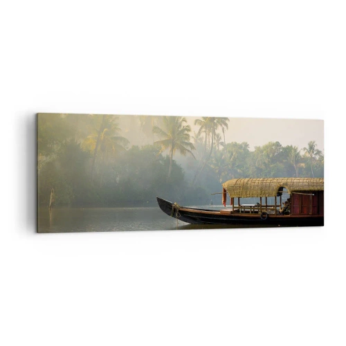 Cuadro sobre lienzo - Impresión de Imagen - Un barco tradicional en un río tranquilo entre palmeras. - 140x50cm - Casa en el río - Decoración de pared moderna para salón y dormitorio ARTTOR