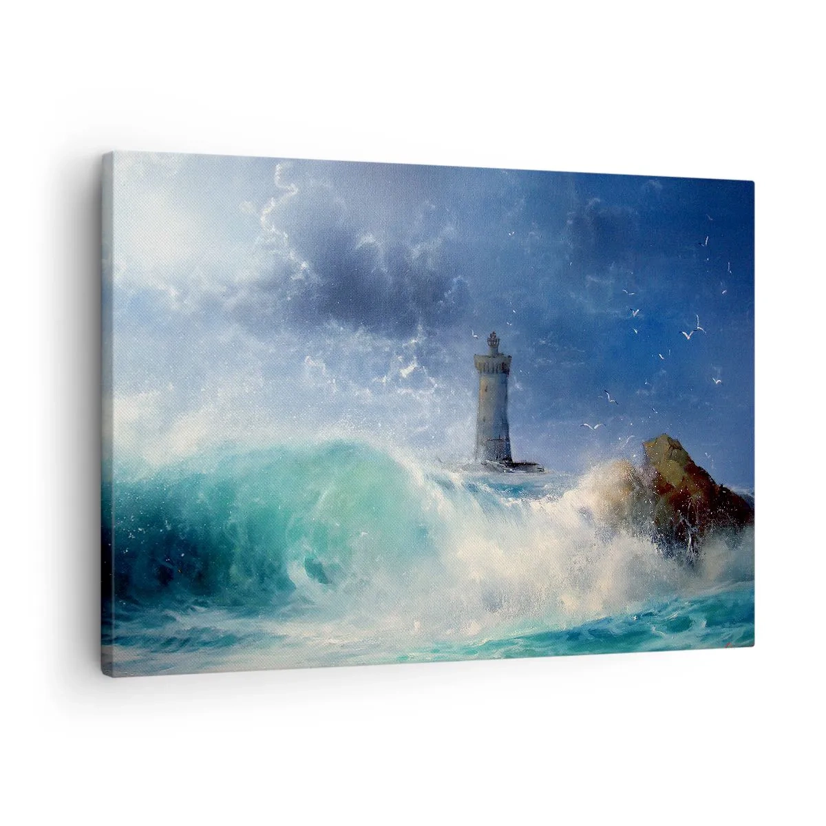 Cuadro sobre lienzo - Impresión de Imagen - Un faro rodeado de fuertes olas y nubes. - 70x50cm - En guardia contra los elementos - Decoración de pared moderna para salón y dormitorio ARTTOR