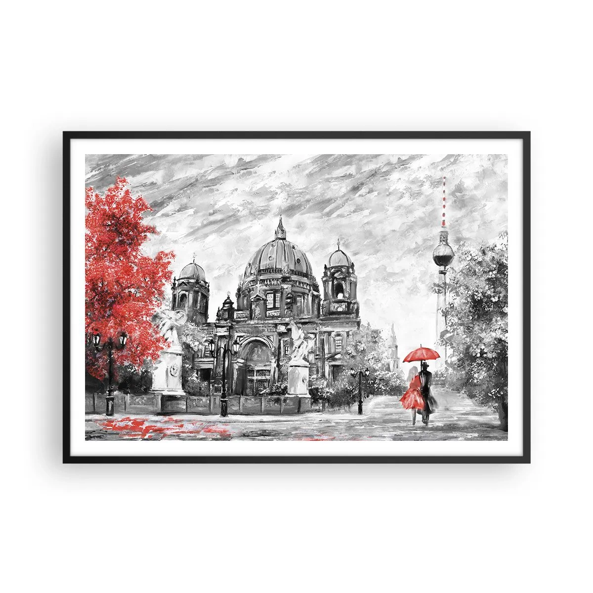 Póster en marco negro - Escena en blanco y negro con Berlín, un paraguas rojo y un árbol. - 100x70cm - Reunión en Berlín - Decoración de pared moderna para salón y dormitorio ARTTOR