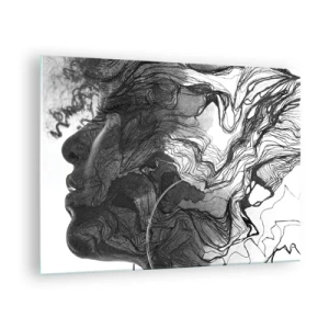 Cuadro sobre vidrio - Impresiones sobre Vidrio - Silueta en blanco y negro de una mujer con líneas abstractas. - 70x50cm - Enredada en sueños - Decoración de pared moderna para salón y dormitorio ARTTOR