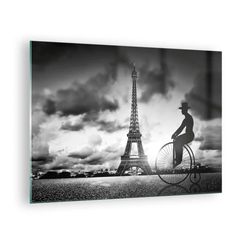 Cuadro sobre vidrio - Impresiones sobre Vidrio - Torre Eiffel con bicicleta retro en blanco y negro - 70x50cm - Añoranza de la Belle Epoque - Decoración de pared moderna para salón y dormitorio ARTTOR