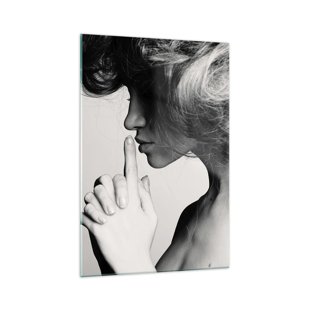 Cuadro sobre vidrio - Impresiones sobre Vidrio - Perfil en blanco y negro de una mujer haciendo un gesto de silencio. - 70x100cm - Escucharme a mí misma - Decoración de pared moderna para salón y dormitorio ARTTOR