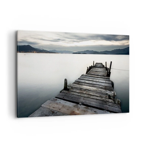 Cuadro sobre lienzo - Impresión de Imagen - Un puente de madera que conduce hacia un lago tranquilo. - 100x70cm - Sumérjase en la paz - Decoración de pared moderna para salón y dormitorio ARTTOR