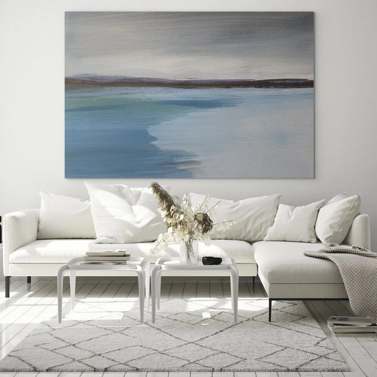 Cuadro sobre vidrio - Impresiones sobre Vidrio - Un paisaje tranquilo con agua y colinas lejanas en tonos pastel. - 120x80cm - Paisaje horizontal - Decoración de pared moderna para salón y dormitorio ARTTOR