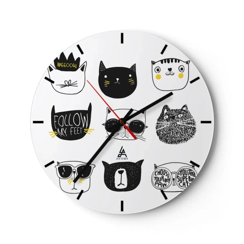 Reloj de pared - Reloj de vidrio - Ilustraciones divertidas de caras de gatos - 30x30cm - Cada uno diferente - Decoración de pared moderna para salón, cocina y dormitorio ARTTOR