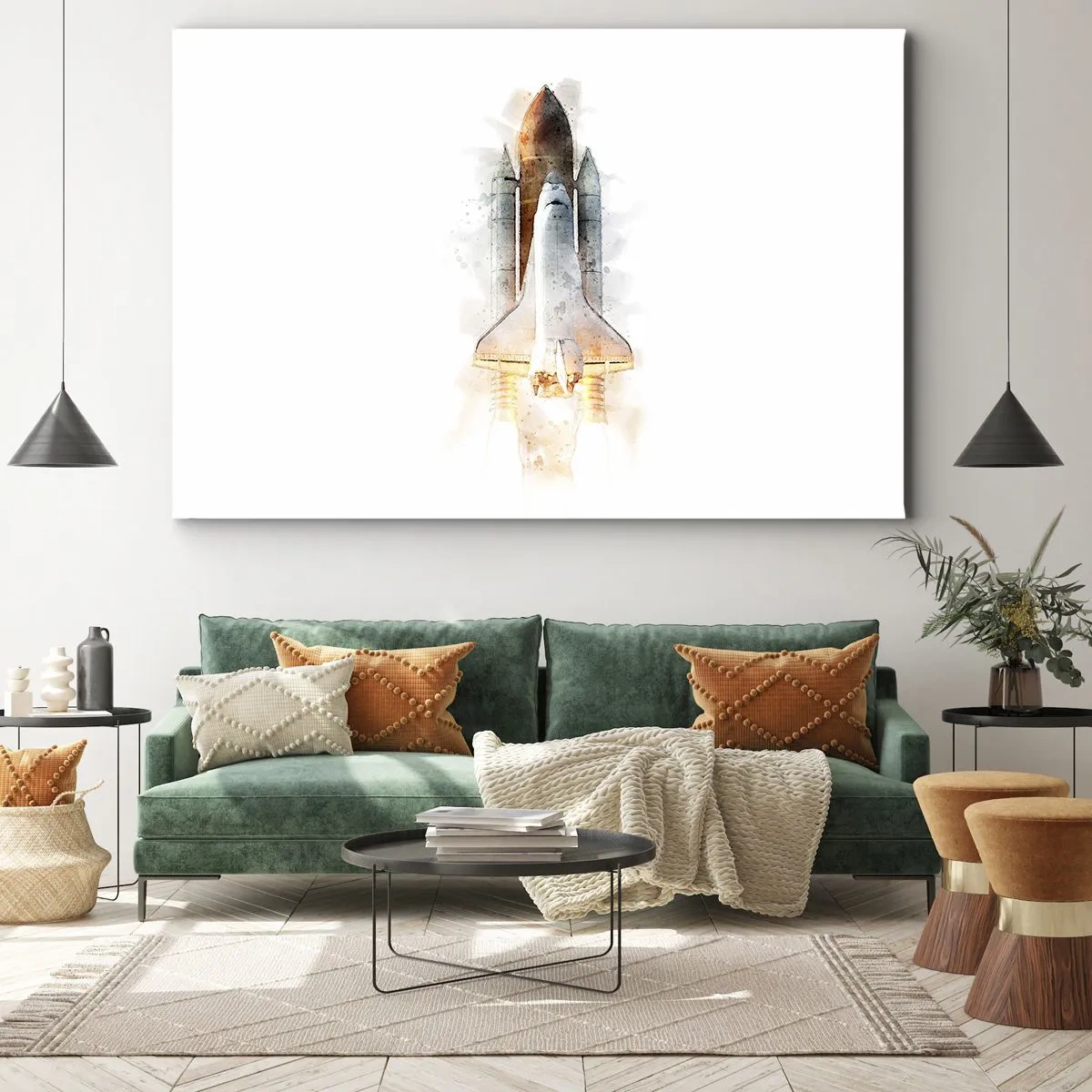 Cuadro sobre lienzo - Impresión de Imagen - Una interpretación artística en acuarela de un transbordador espacial despegando. - 70x50cm - El comienzo de la exploración - Decoración de pared moderna para salón y dormitorio ARTTOR