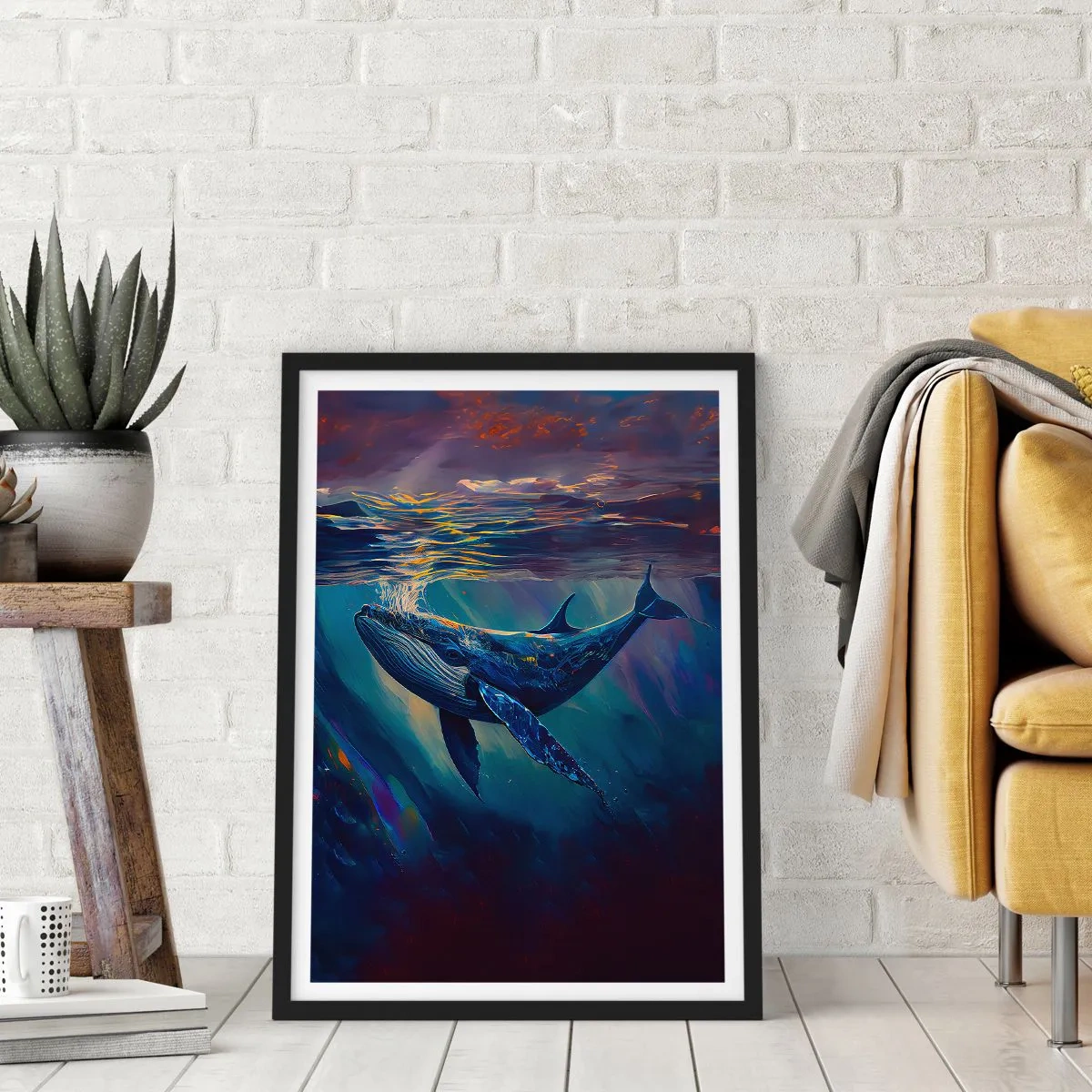 Póster en marco negro - Una imagen melancólica de una ballena bajo la luz submarina. - 50x70cm - Bienvenidos a mi mundo - Decoración de pared moderna para salón y dormitorio ARTTOR