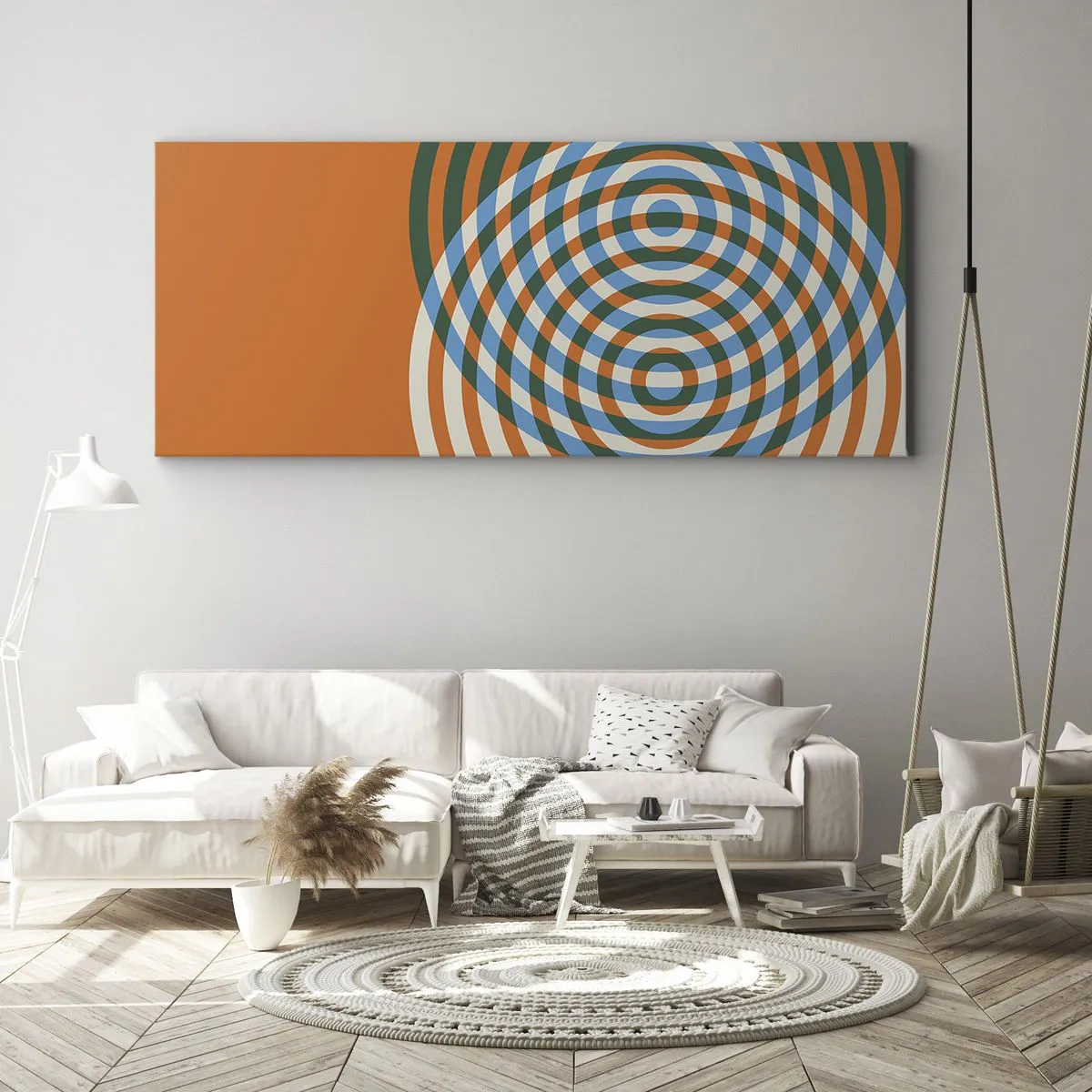 Cuadro sobre lienzo - Impresión de Imagen - Círculos concéntricos sobre un fondo naranja - 160x50cm - Círculos y abstracción - Decoración de pared moderna para salón y dormitorio ARTTOR