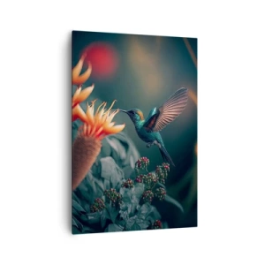Cuadro sobre lienzo - Impresión de Imagen - Un colibrí colorido junto a las flores contra un fondo natural. - 70x100cm - Una vida verdaderamente colorida - Decoración de pared moderna para salón y dormitorio ARTTOR