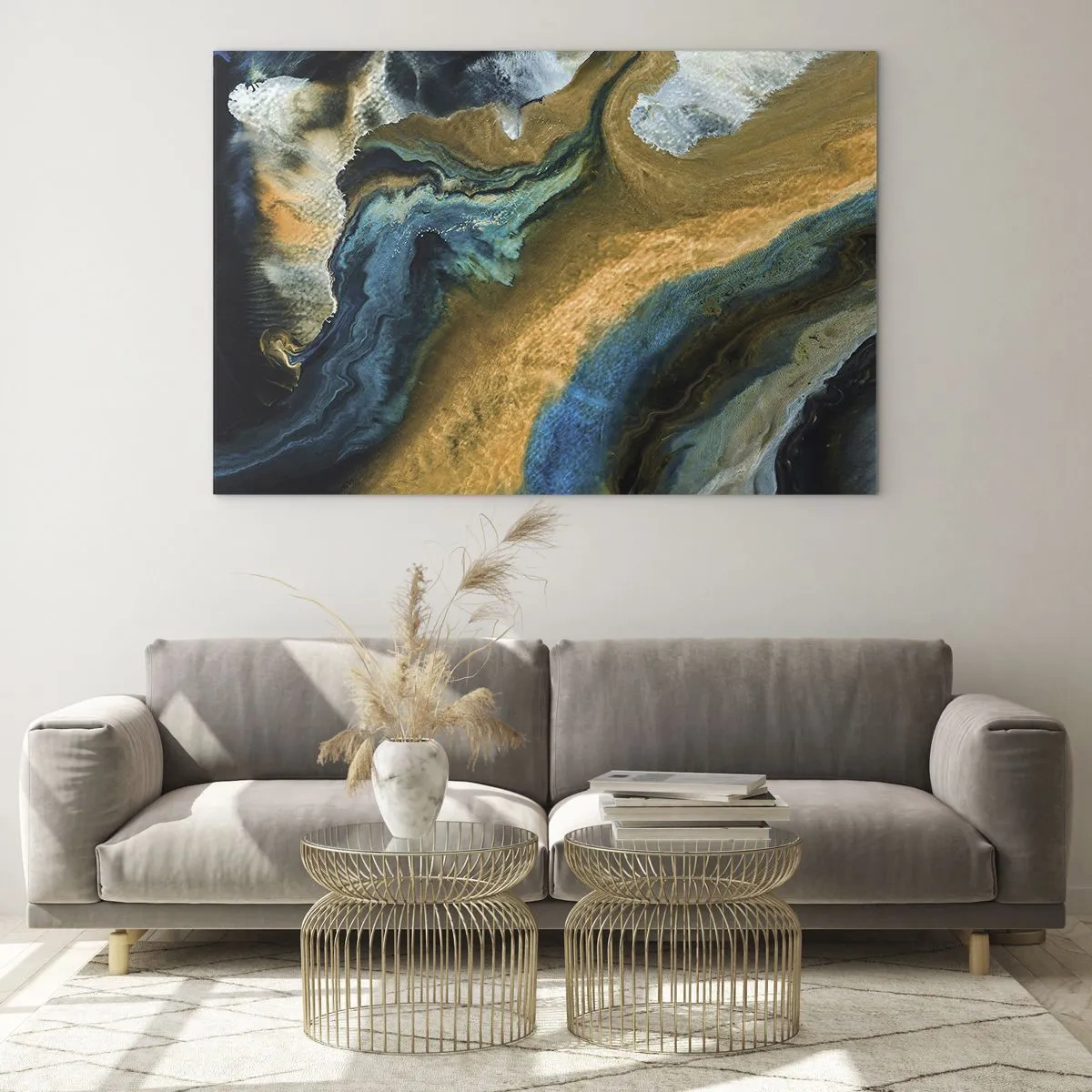 Cuadro sobre vidrio - Impresiones sobre Vidrio - Composición abstracta en tonos azules y dorados. - 70x50cm - Azul - amarillo - influencia mutua - Decoración de pared moderna para salón y dormitorio ARTTOR