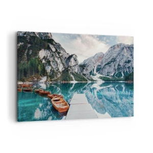 Cuadro sobre lienzo - Impresión de Imagen - Un lago con barcos rodeado de montañas. - 100x70cm - Te mostraremos la fuente de la belleza - Decoración de pared moderna para salón y dormitorio ARTTOR
