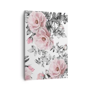 Cuadro sobre lienzo - Impresión de Imagen - Rosas rosas y hojas sobre un delicado fondo blanco y negro. - 70x100cm - Entre las rosas - Decoración de pared moderna para salón y dormitorio ARTTOR