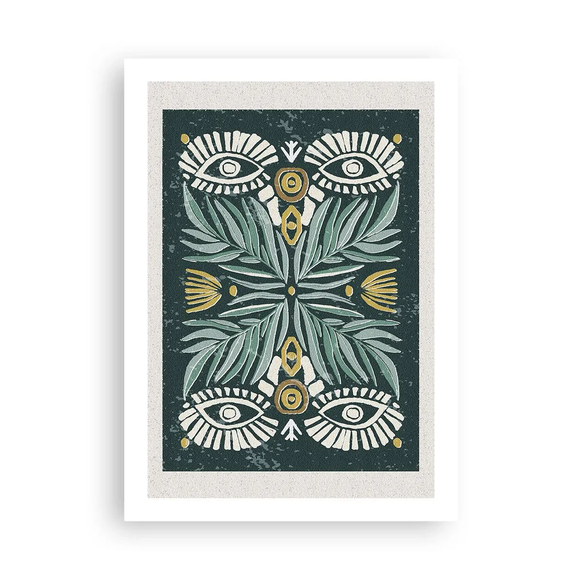 Póster - Patrón simétrico con hojas y ojos sobre un fondo oscuro. - 50x70cm - Como un recorte folclórico - Decoración de pared moderna para salón y dormitorio ARTTOR