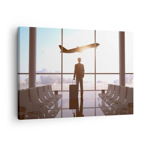 Cuadro sobre lienzo - Impresión de Imagen - Hombre de negocios en el aeropuerto con un avión al fondo - 70x50cm - Tienes tiempo, tranquilo - Decoración de pared moderna para salón y dormitorio ARTTOR