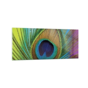 Cuadro sobre vidrio - Impresiones sobre Vidrio - Primer plano de una pluma de pavo real con colores vivos. - 120x50cm - Cara a cara - Decoración de pared moderna para salón y dormitorio ARTTOR