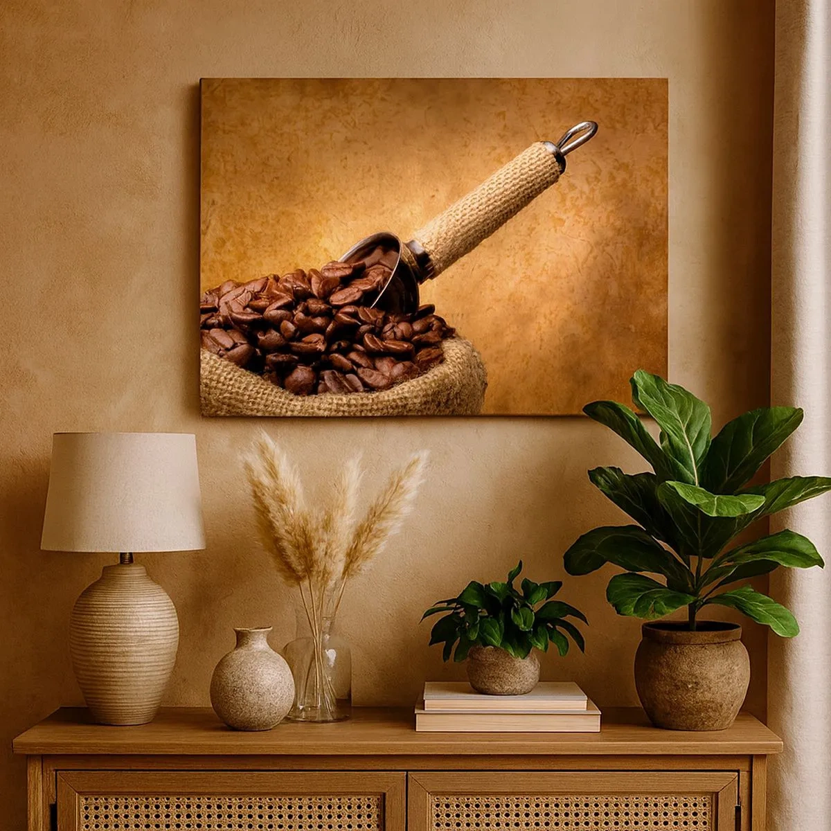 Cuadro sobre lienzo - Impresión de Imagen - Granos de café en una bolsa de yute con una cuchara de metal. - 70x50cm - En la fuente del sabor - Decoración de pared moderna para salón y dormitorio ARTTOR