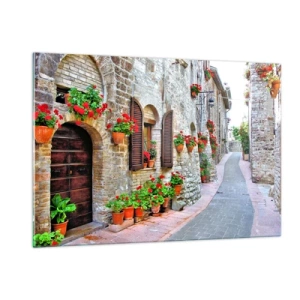 Cuadro sobre vidrio - Impresiones sobre Vidrio - Una calle pintoresca con paredes de piedra y flores rojas. - 120x80cm - Ambiente italiano - Decoración de pared moderna para salón y dormitorio ARTTOR