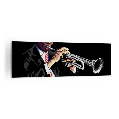 Cuadro sobre lienzo - Impresión de Imagen - Un músico tocando la trompeta sobre un fondo negro. - 160x50cm - El encanto de la vieja escuela - Decoración de pared moderna para salón y dormitorio ARTTOR