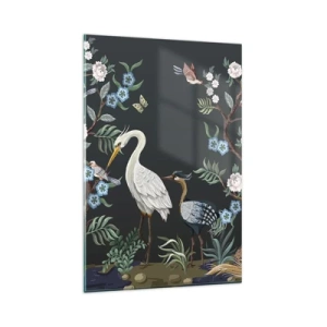 Cuadro sobre vidrio - Impresiones sobre Vidrio - Pájaros y plantas pintados sobre un fondo oscuro con un patrón elegante. - 80x120cm - Desfile de aves - Decoración de pared moderna para salón y dormitorio ARTTOR