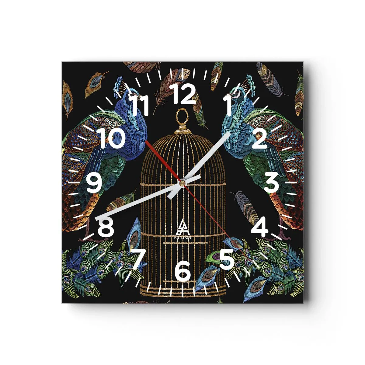 Reloj de pared - Reloj de vidrio - Con plumajes reales - 30x30 cm