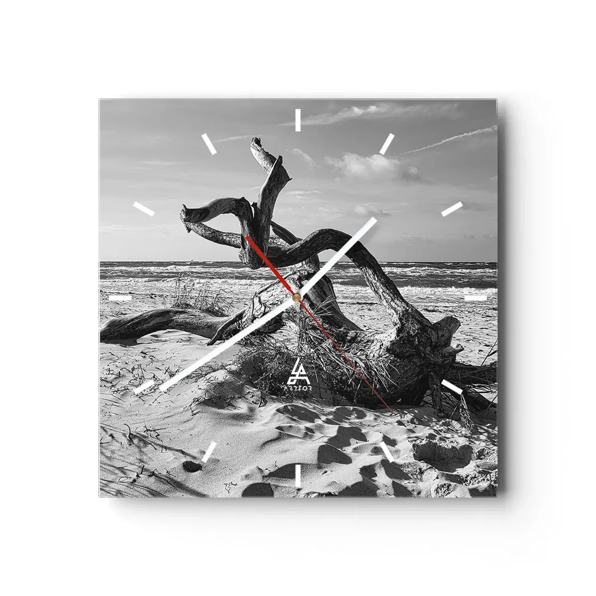 Reloj de pared - Reloj de vidrio - Paisaje en blanco y negro con un árbol muerto en la playa. - 30x30cm - Escultura marina - Decoración de pared moderna para salón y dormitorio ARTTOR