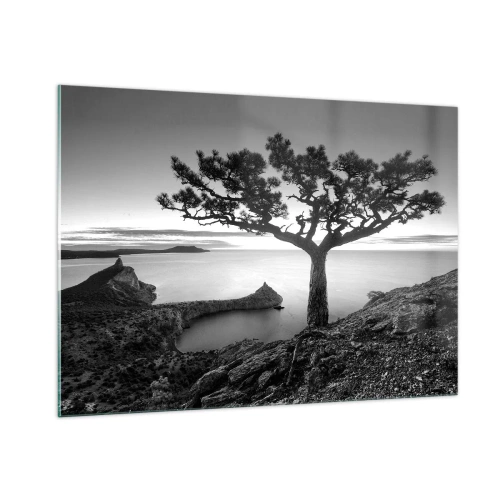 Cuadro sobre vidrio - Impresiones sobre Vidrio - Un árbol en un acantilado con vistas a la bahía. - 100x70cm - Calma hasta el horizonte - Decoración de pared moderna para salón y dormitorio ARTTOR