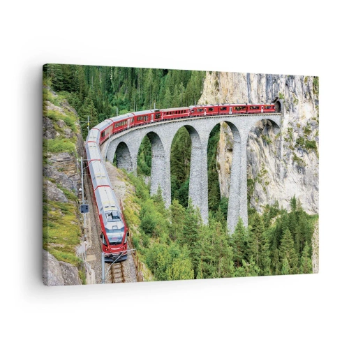 Cuadro sobre lienzo - Impresión de Imagen - Un tren en un pintoresco viaducto en un paisaje montañoso. - 70x50cm - Atravesando las montañas - Decoración de pared moderna para salón y dormitorio ARTTOR
