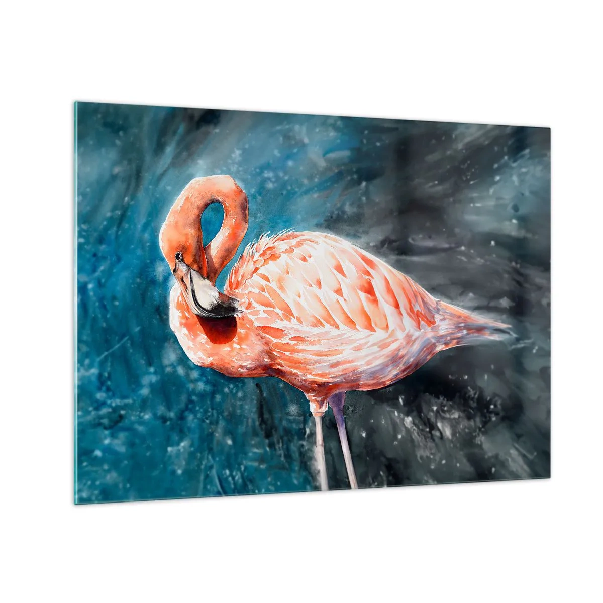 Cuadro sobre vidrio - Impresiones sobre Vidrio - Un flamenco rosado sobre un fondo de acuarela azul. - 70x50cm - Decorativo por naturaleza - Decoración de pared moderna para salón y dormitorio ARTTOR