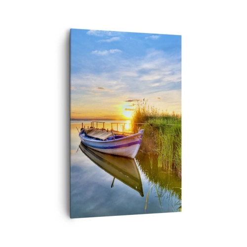 Cuadro sobre lienzo - Impresión de Imagen - Un barco en una bahía tranquila al atardecer. - 80x120cm - Sueños cumplidos - Decoración de pared moderna para salón y dormitorio ARTTOR