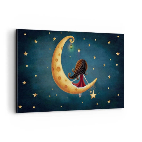 Cuadro sobre lienzo - Impresión de Imagen - Una niña en la luna rodeada de estrellas. - 120x80cm - Érase una vez... - Decoración de pared moderna para salón y dormitorio ARTTOR