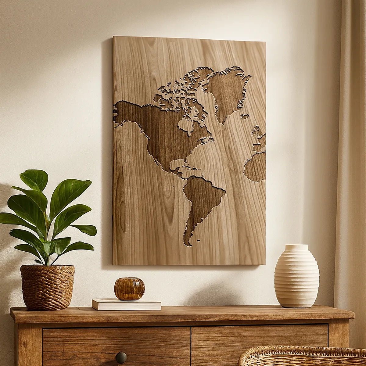 Cuadro sobre lienzo - Impresión de Imagen - Un mapa del mundo recortado sobre una superficie de madera. - 50x70cm - El mundo servido en la mesa - Decoración de pared moderna para salón y dormitorio ARTTOR