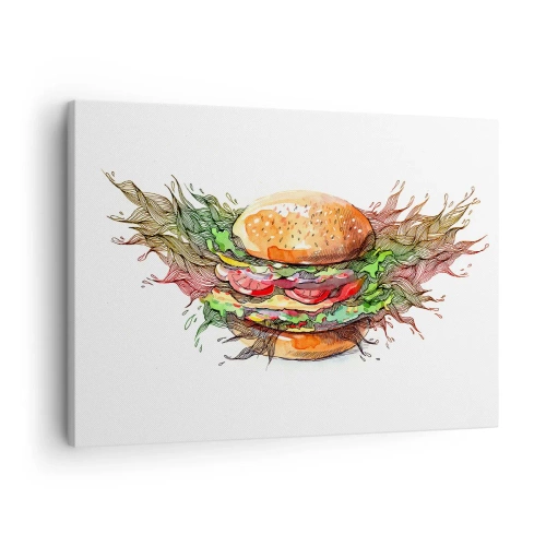 Cuadro sobre lienzo - Impresión de Imagen - Ilustración artística de una hamburguesa con elementos dinámicos. - 70x50cm - Tentación irresistible - Decoración de pared moderna para salón y dormitorio ARTTOR