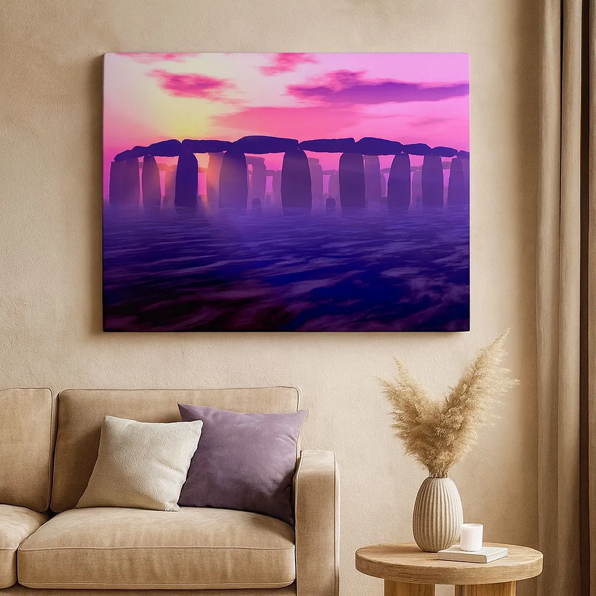 Cuadro sobre lienzo - Impresión de Imagen - Círculo de piedras al atardecer con un cielo violeta - 70x50cm - Misterio al amanecer en la niebla - Decoración de pared moderna para salón y dormitorio ARTTOR