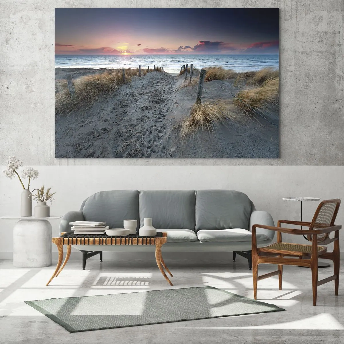Cuadro sobre vidrio - Impresiones sobre Vidrio - Camino a través de las dunas que conduce al mar al atardecer - 70x50cm - Se derramó un arco iris de luminosidad.... - Decoración de pared moderna para salón y dormitorio ARTTOR