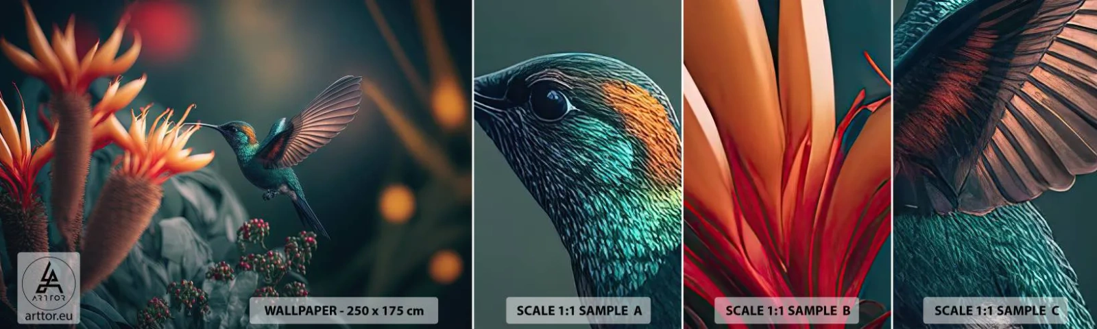 Muestra De Fotomural Standard Eco - Una vida verdaderamente colorida - Pájaro, Exótico, Flor - 100x30 cm