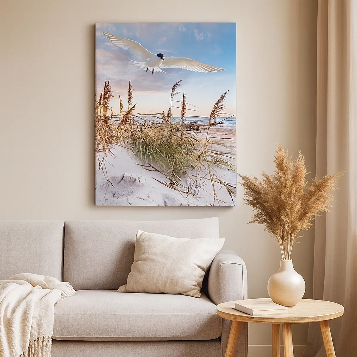 Cuadro sobre lienzo - Impresión de Imagen - Playa con gaviotas volando al atardecer - 50x70cm - Viento del mar - Decoración de pared moderna para salón y dormitorio ARTTOR