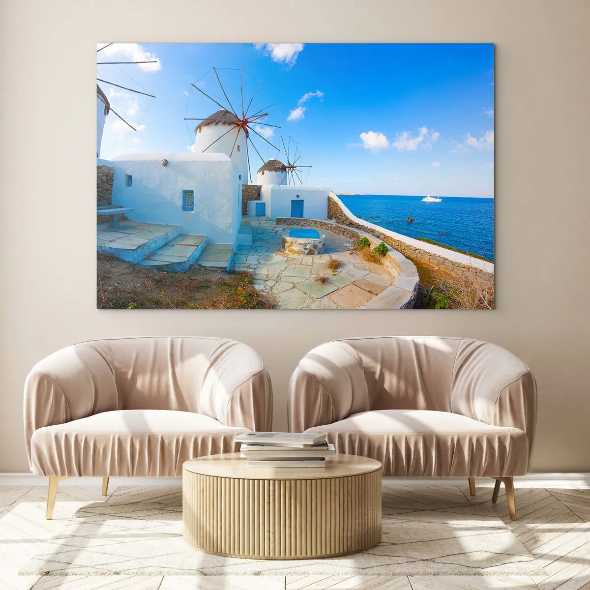 Cuadro sobre vidrio - Impresiones sobre Vidrio - Molinos de viento en la costa del Egeo - 70x50cm - Viento azul marino - Decoración de pared moderna para salón y dormitorio ARTTOR